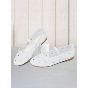 Miss Left Crystal-Embellished Mesh Flat Mary Jane Breathable Ballet Flats Ivory